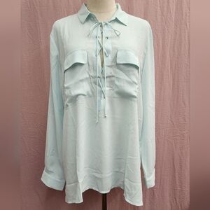 LUMIÈRE Collard Lace Up Flap Pocket Long Sleeve Blouse- Large